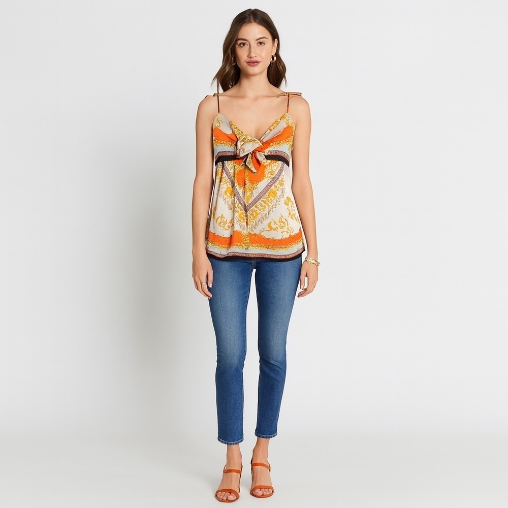 Zara Woman Orange Gold Paisley Patterned Sleeveless Blouse Top Size Large